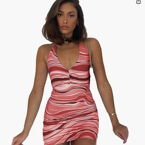 UAURORAO Women's Halter Neck Striped Bodycon Short Dress V Neck Backless Sleevel